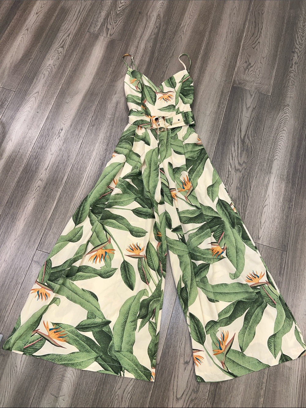 Tropical Cream & Green Wide-Leg Belted Jumpsuit